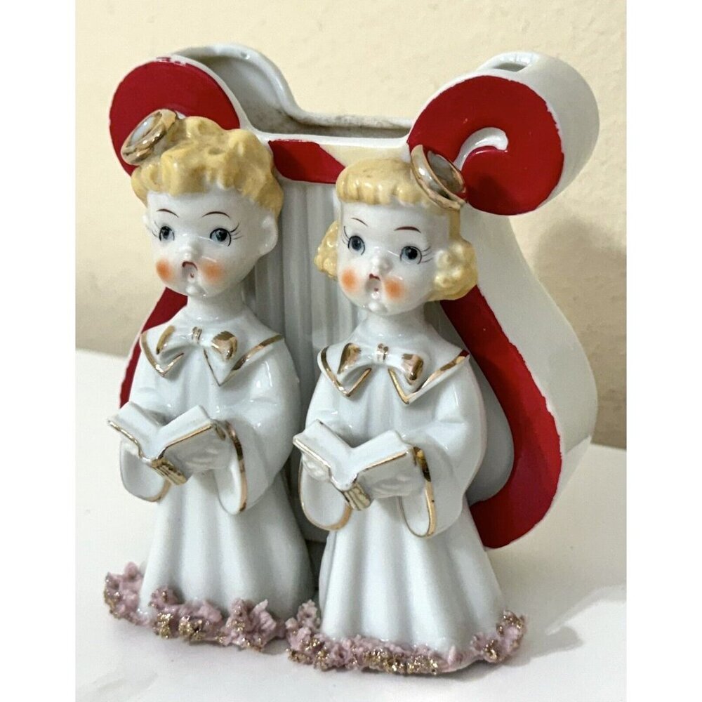 Pink Spaghetti Planter Christmas MCM Decor Boy Girl Angel Choir Sing Vintage - Picture 3 of 14